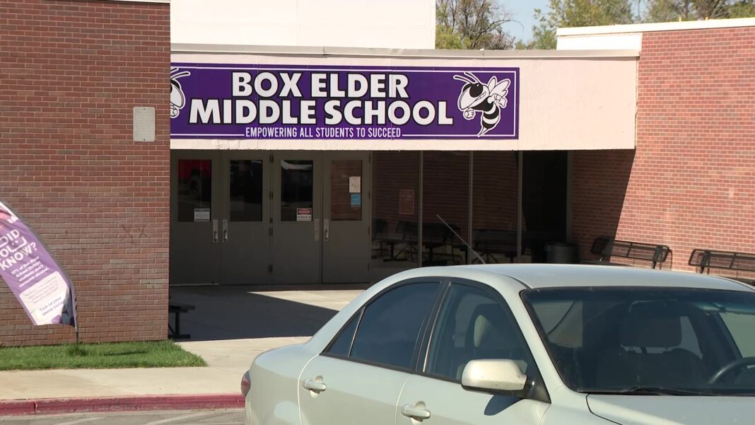 Entrance of Box Elder Middle School with banner