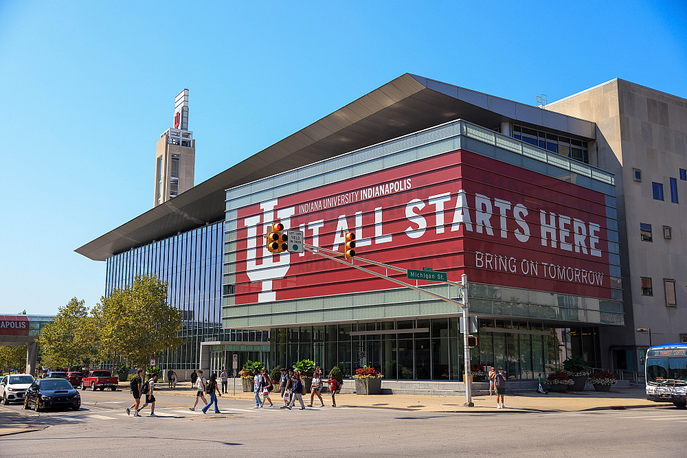 Indiana University Indianapolis campus building with students