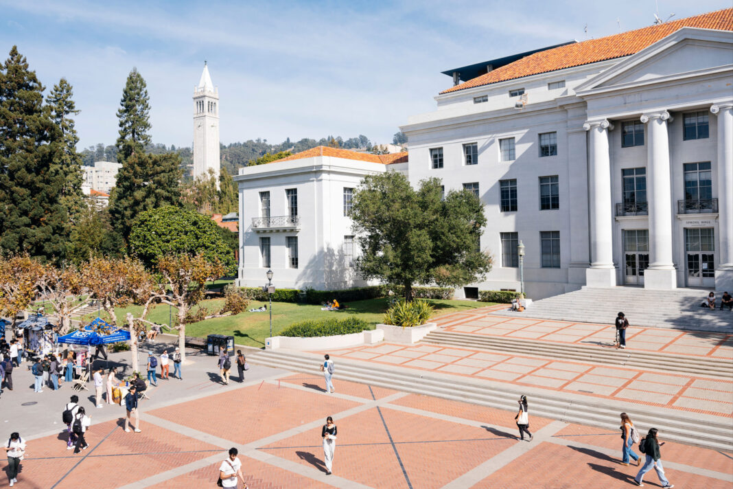 Busy university campus with students and classic architecture