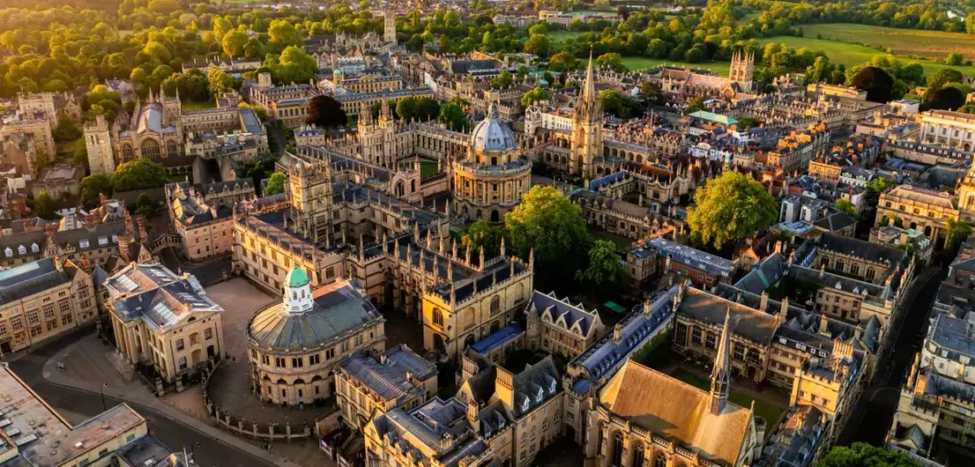 Aerial view of historic Oxford city center at sunset